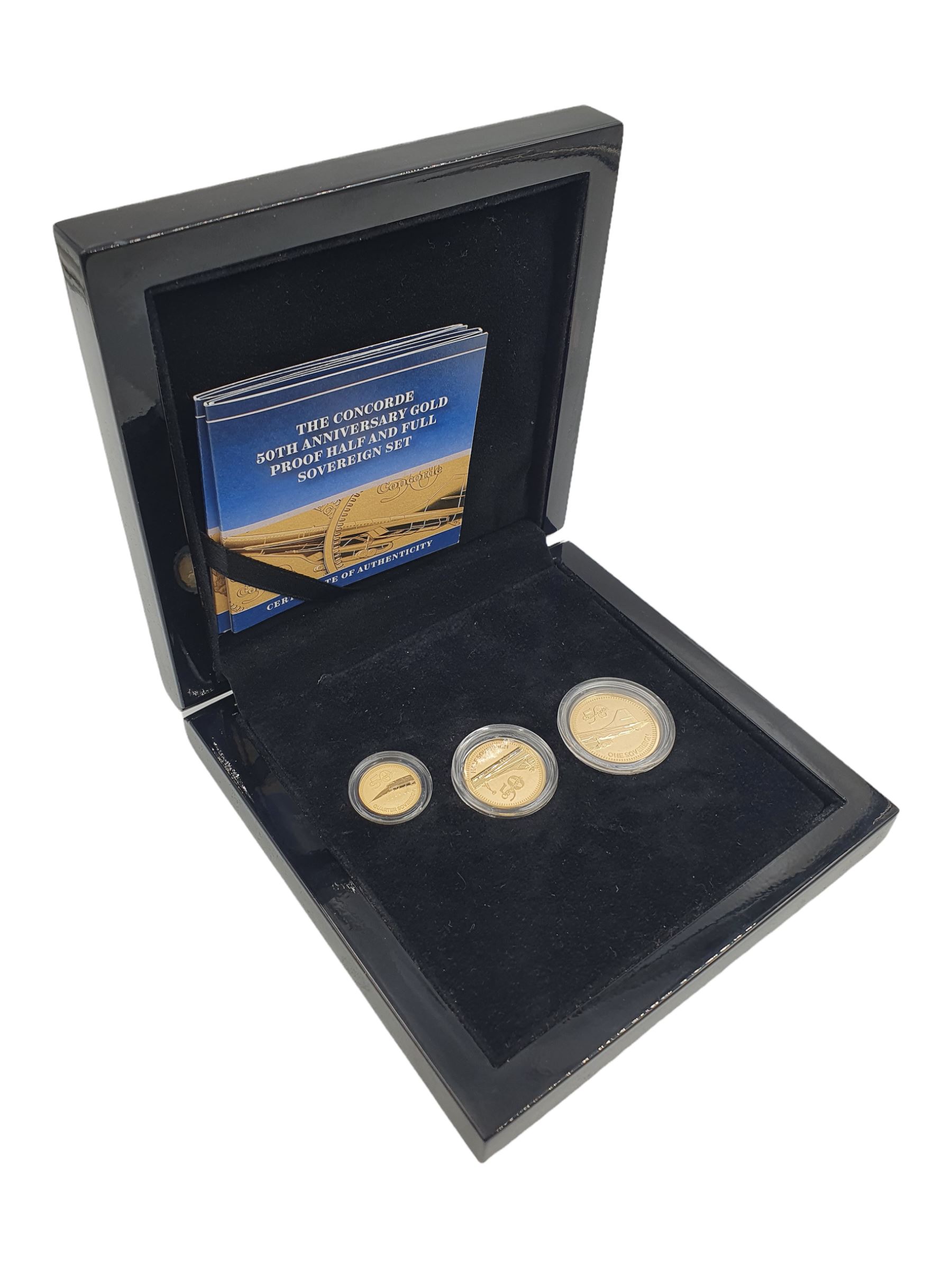 Concorde 50th Anniversary gold three coin set, comprising Queen Elizabeth II 2019 Gibraltar full, half and quarter gold sovereign coins, cased with certificates