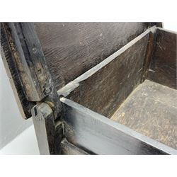 17th century vernacular oak boarded and joined clamp-front coffer or ark chest, enclosed by hinge lid, vertical stile supports