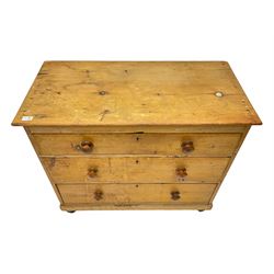 Victorian waxed pine chest, fitted with three graduating drawers, raised on turned feet
