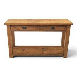 Indigo Furniture - rustic oak console table, two frieze drawers metal cup handles, stile s...