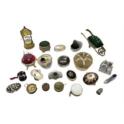 Collection of 19th century and later sewing accessories to include tape measure with cherub decoration, thimble case, pin cushion in the form of a shoe etc