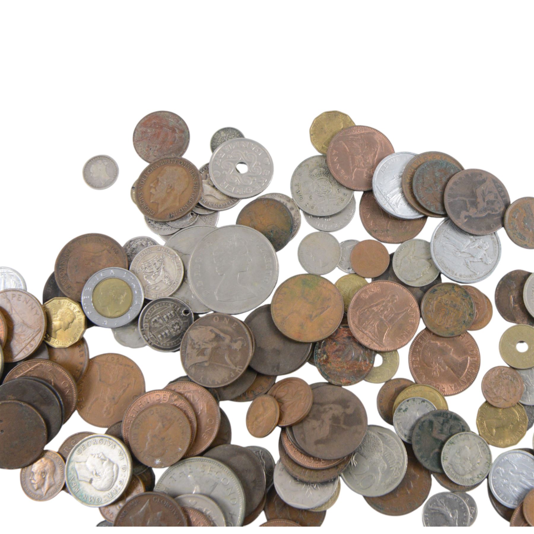 Approximately 34 grams of Great British pre-1920 and approximately 5 grams of pre-1947 silver coins, together with a Queen Elizabeth II 2005 'Trafalgar' five pound coin, three French banknotes, and further coins