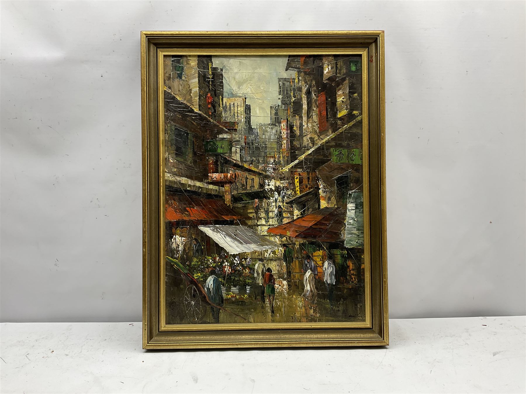 Yangping (Chinese 20th century): Ladder Street Hong Kong, oil on canvas signed 57cm x 42cm
