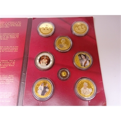  Her Majesty Queen Elizabeth II '1926-2016 Nine Decades Gloriously Accomplished' seven coin collection including 9ct gold coin and various Queen Elizabeth II coins housed in a 'Queen Elizabeth' folder with miniature gold coin (made up collection, not the coins intended for the folder)  