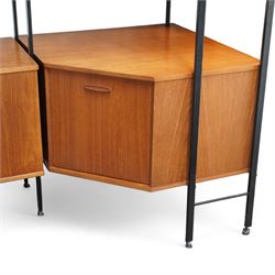 Avalon - modular teak wall unit, with black metal supports, fitted with cupboards, drawers, and adjustable shelves, corner configuration