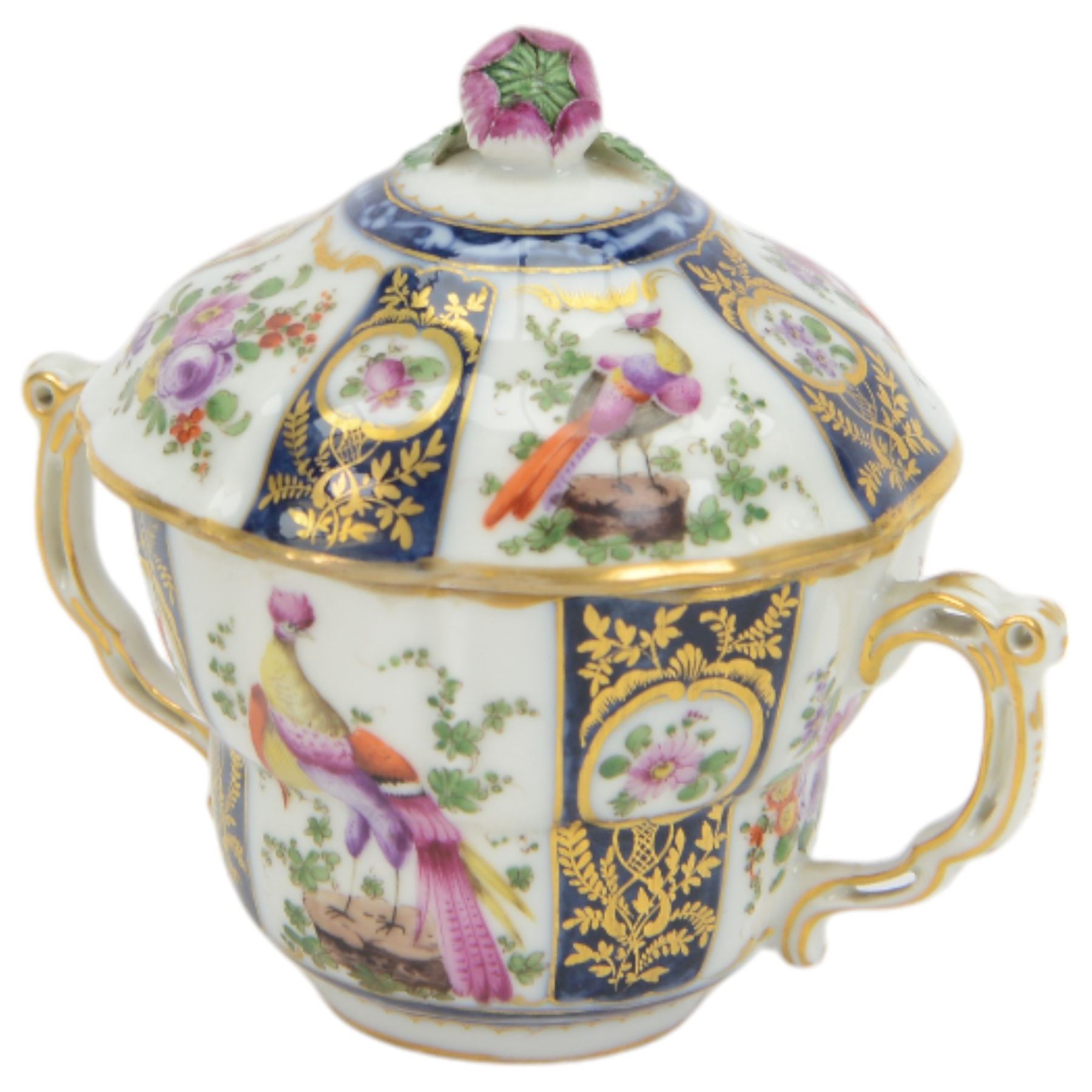 19th century porcelain chocolate cup and cover, decorated in the manner of Worcester with exotic birds, probably Samson Paris 