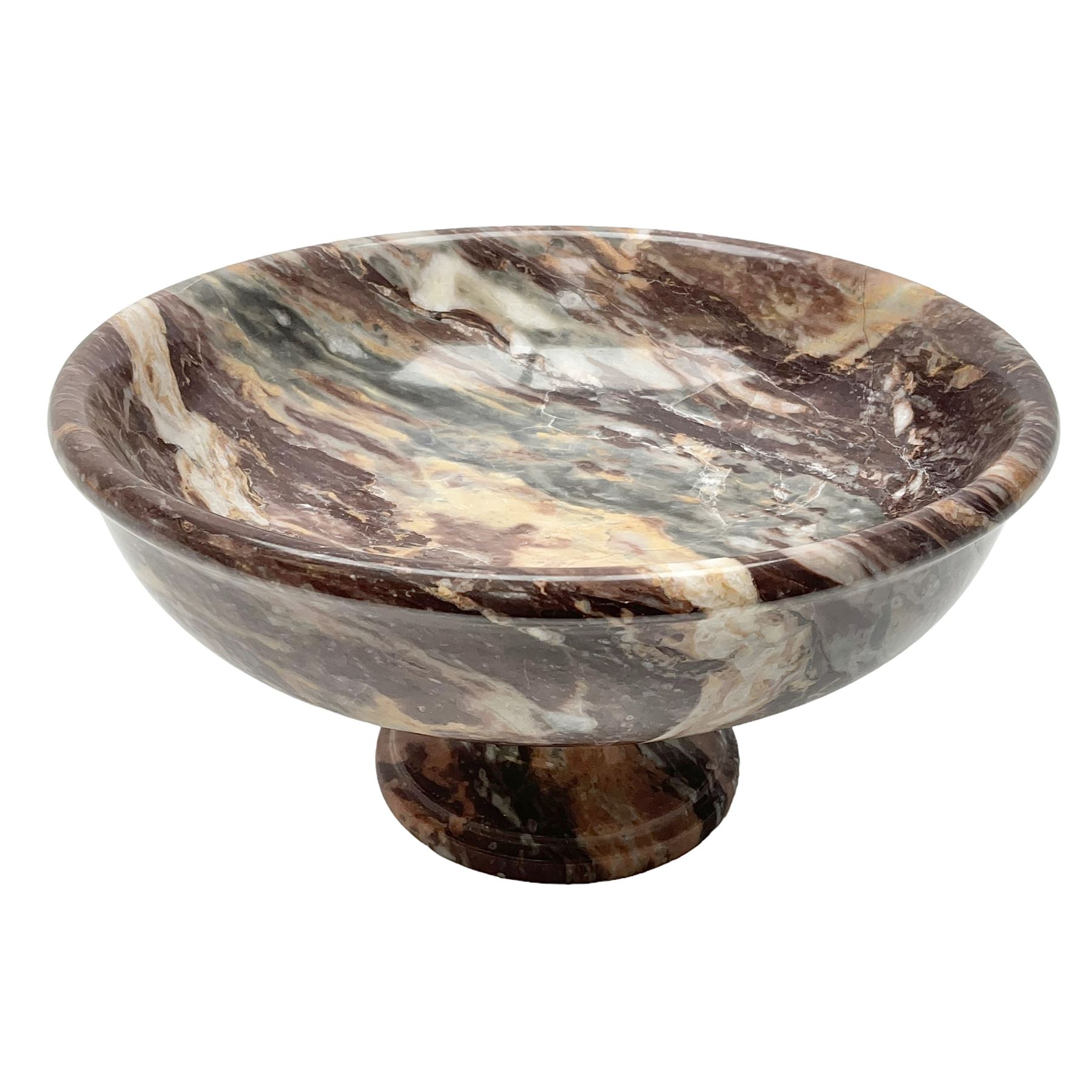 Pink veined marble bowl, of circular form, upon a spreading circular foot, D22cm H12cm