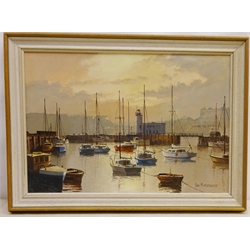  Fishing Boats in Scarborough Harbour at Dusk, oil on canvas board signed by Don Micklethwaite (British 1936-) 34cm x 49.5cm  