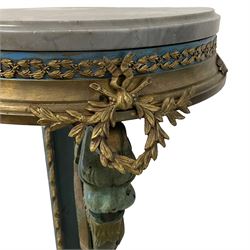 Pair of 20th century French Empire design corner torchères or lampstands, grey marble top with moulded edge, the frieze with moulded brass skirt and applied gilt metal classical motifs, laurel leaf wreath and anthemions, on cabriole support carved with winged mythical mask and claw feet, on curved footed base with brass cap decorated with geometric bands