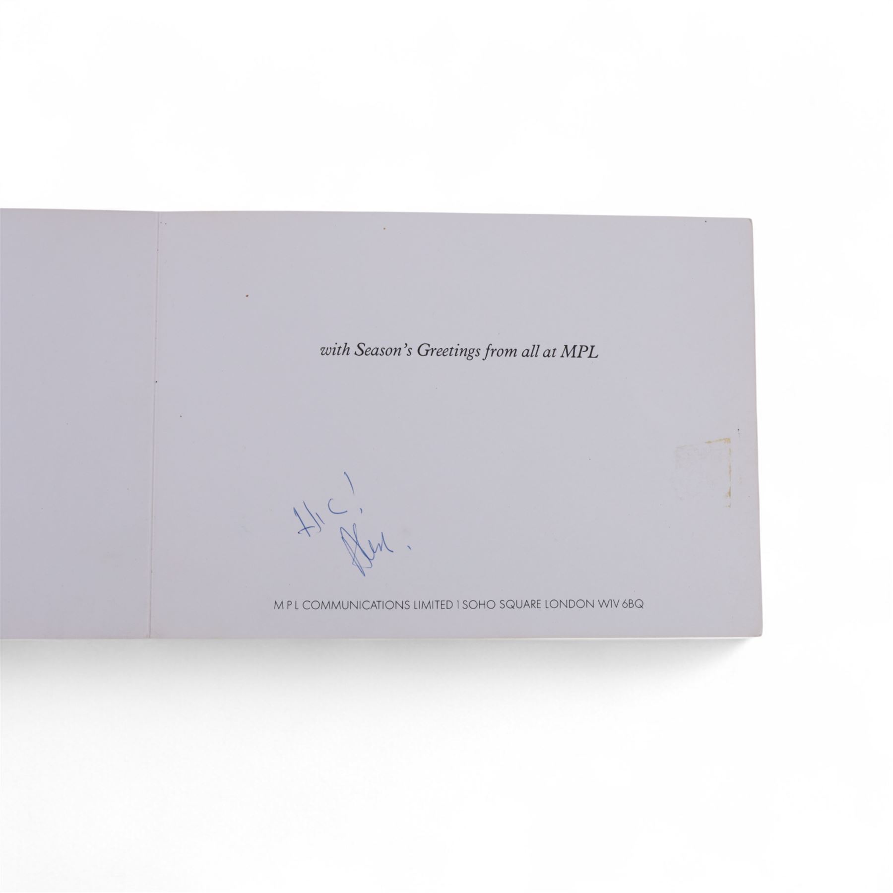 Wings at the Speed of Sound, signed vinyl, Christmas card and birthday card, the vinyl with multiple signatures, including Paul McCartney, Linda McCartney, Denny Laine, Trevor Jones and Laurence Juber, the Birthday card depicting motorbike with a note to the front written in pen reading  'Bruce McKenna 18th July 1978 16yrs', signed to the interior with personal messages including 'All the breast Bruce, Paul McCartney', 'Happy Xmas (with cross through), Happy birthday Bruce Denny Laine', 'Merry Xmas Love Linda McCartney', 'Happy birthday, Laurence Juber', etc, the christmas card showing the five band members dressed as Santa Clause, with one unidentified signature inside

Notes: the vendors lived in Canada in the early 1980s and rented out their house on their return to England. The couple who rented the house had just sold a hotel in Vancouver in which Wings had stayed, and they left the record and cards behind.