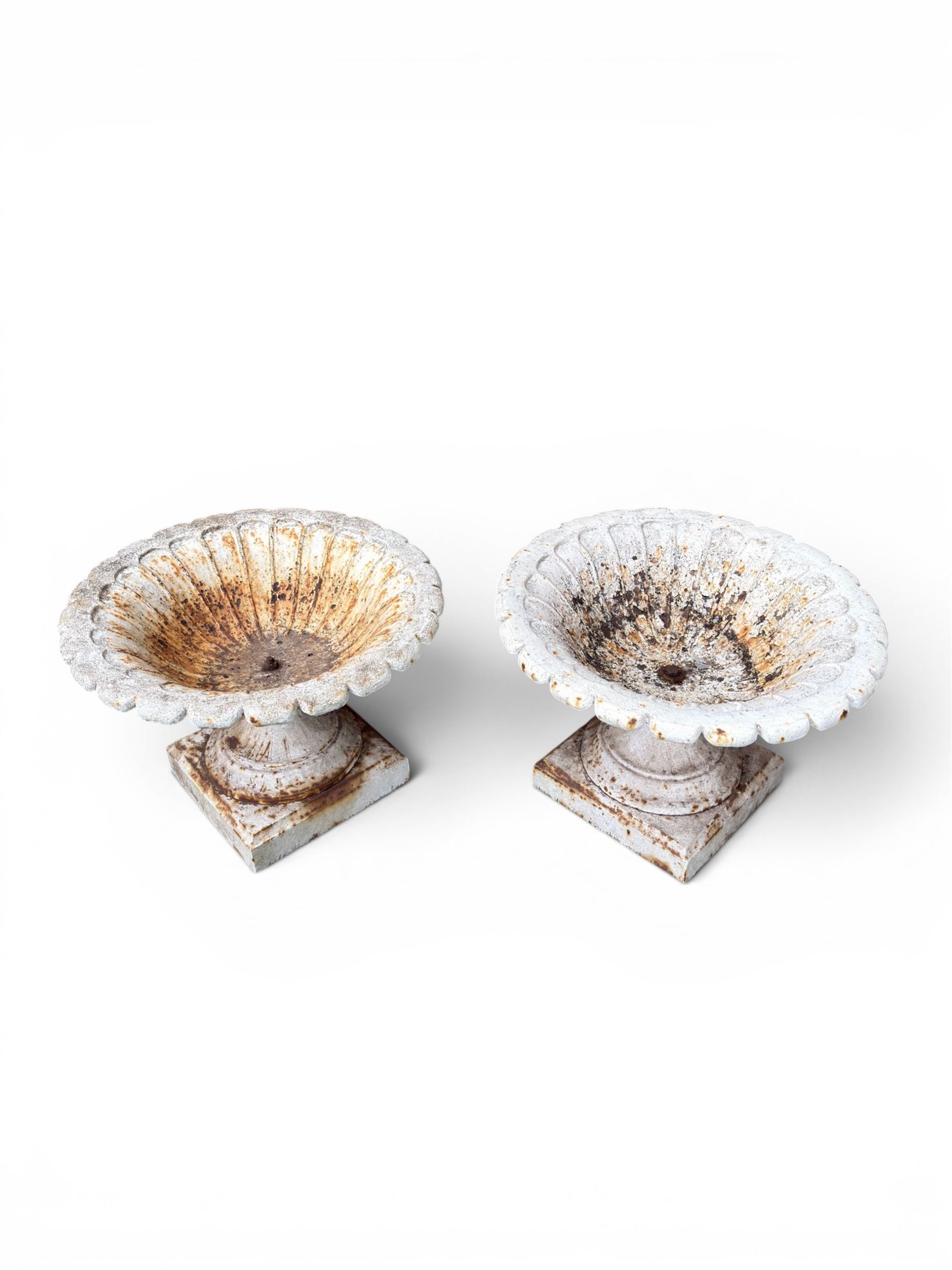 Coalbrookdale - pair of 19th century cast iron petal rim urns, squat form on square plinth, finished in distressed white paint, design registration number 133334, first registered 19 september 1860, number 19 in the Coalbrookdale Castings Catalogue (see illustration)