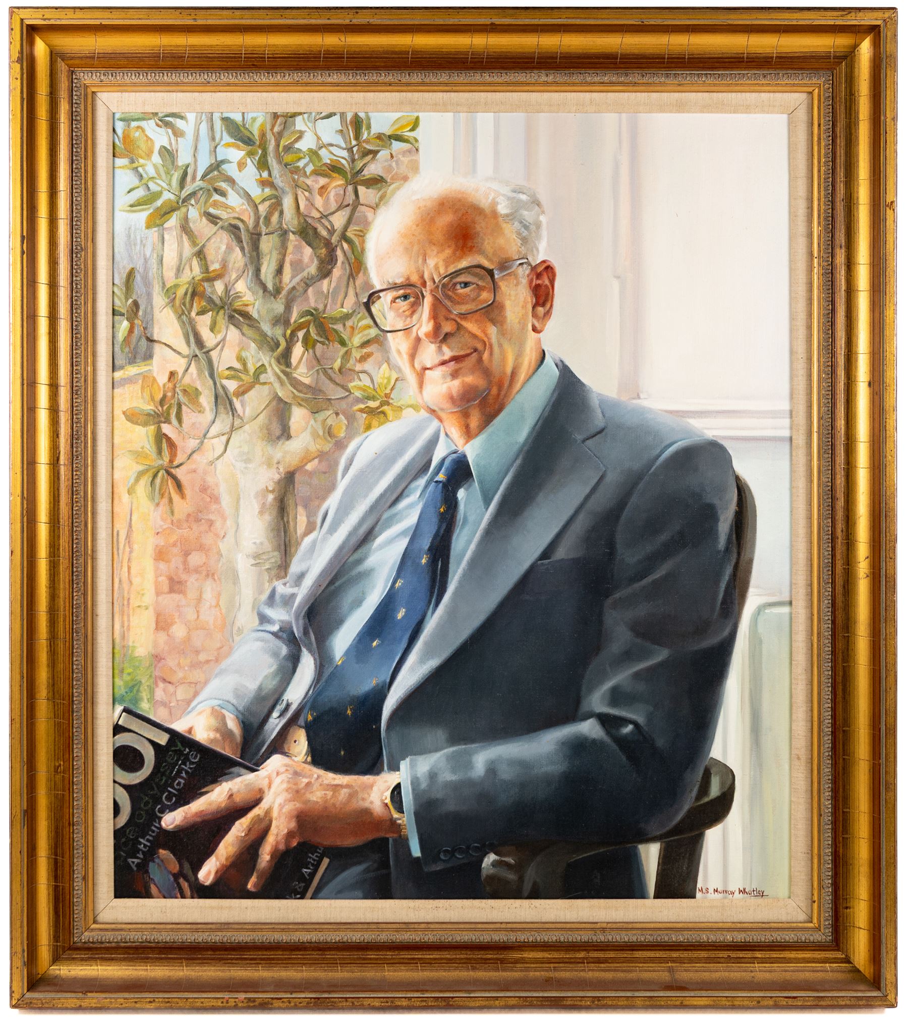 Margaret Stella Murray Whatley (British 1942-2019): Portrait of Arthur C Clarke holding a copy of 2001 A Space Odyssey, oil on canvas signed, 75cm x 64cm
Notes: This item is from the private collection of Arthur C. Clarke's brother. 