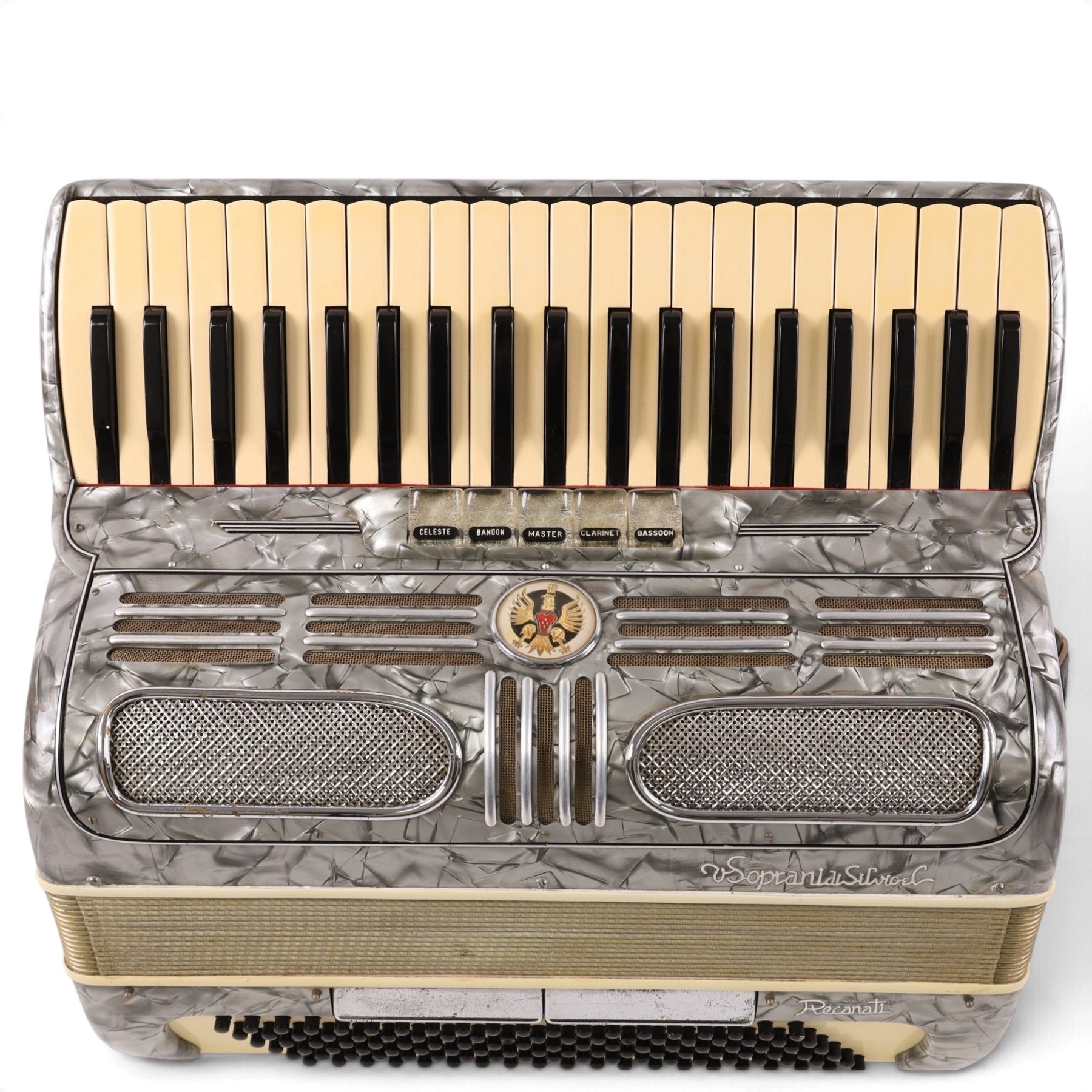 Recanati V Soprani Di Silvio Piano Accordion, 120 bass, with five tone selector keys, silvered pearloid case, with carry case