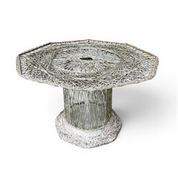 Two French early 20th century painted wicker octagonal garden tables, circular pedestals with parasol opening; with matching side table (3)