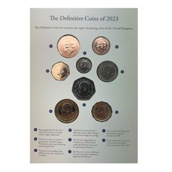 Seven The Royal Mint United Kingdom uncirculated coin sets, comprising  2008 'Emblems of Britain' seven coins, 2010 'A celebration of Britain' eight coins, 2014 'Definitive' eight coins, 2015 'The Fourth Circulating Coinage Portrait Final Edition' eight coins, 2022 'Definitive' eight coins, 2023 'King Charles III Definitives' eight coins and 2024 'Definitive' eight coins, all in card folders