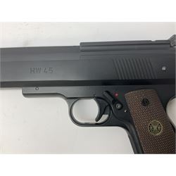 H. Weihrauch HW45 air pistol, .177 calibre, over-lever mechanism, chequered grip No.372679 L31cm; and quantity of pellets