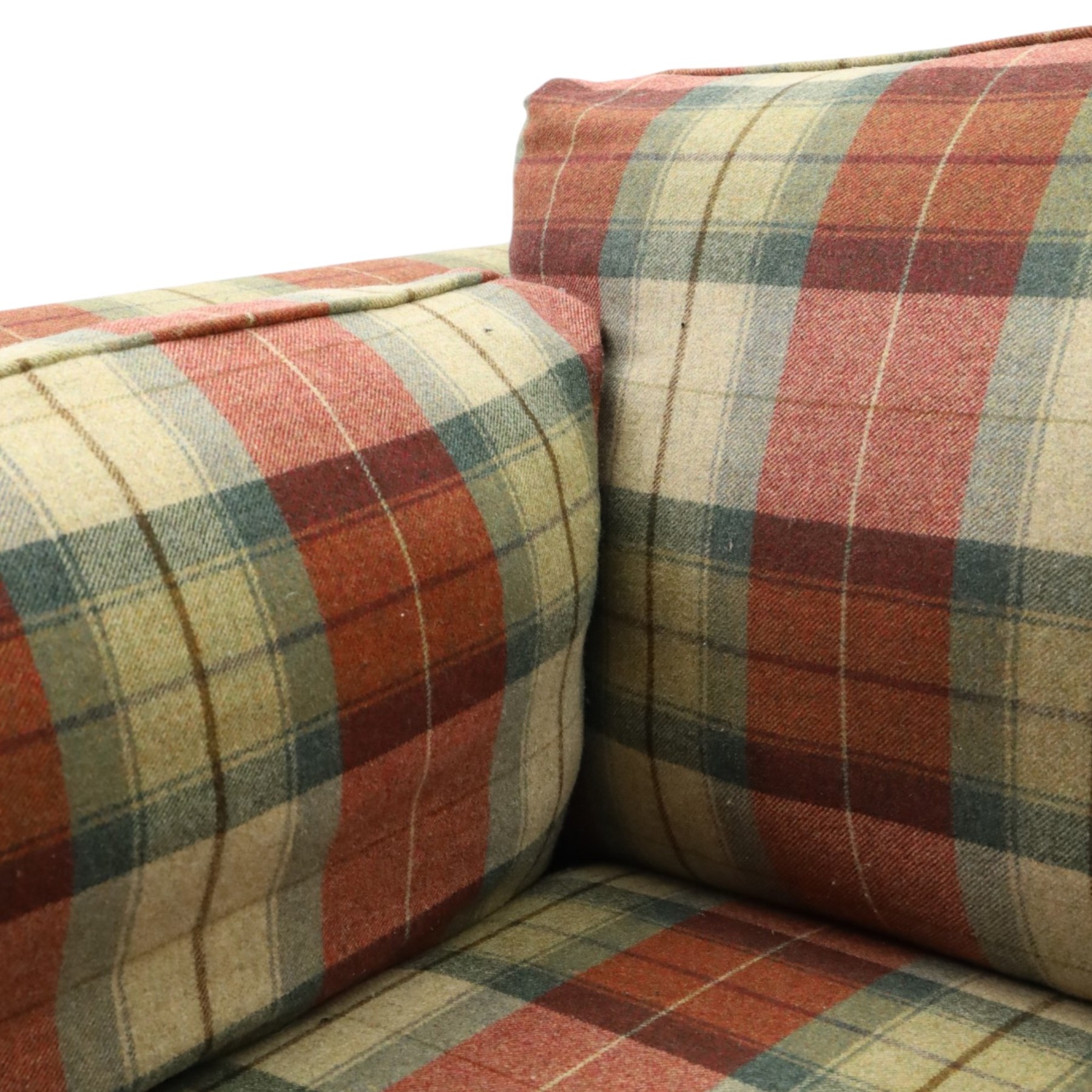 Meridian - snuggle armchair or loveseat, of traditional squared shape, upholstered in tartan fabric with loose cushions, on rectangular feet