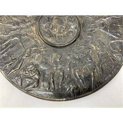 Bronzed wall mounted charger with Greek Pantheon decoration, the raised circular centre depicting a lyre motif flanked by two winged cherubs surrounded by Greek nude Classical figures of warriors and musicians etc, D33.5cm