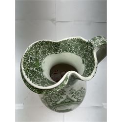 19th century Copeland & Garrett New Blanche wash jug, with green transfer printed decoration of 'West Cowes', H36cm, together with a treacle glaze pottery puzzle jug, H28cm