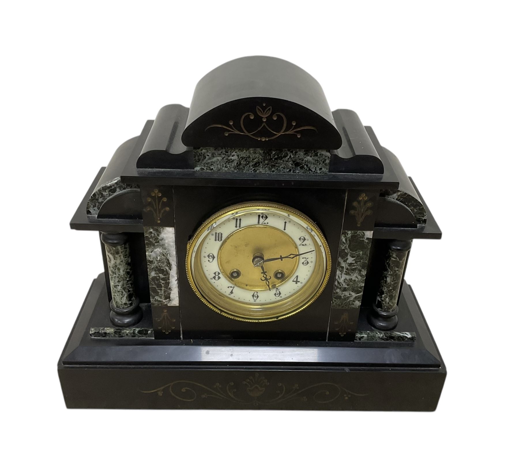 French-  late 19th century 8-day Belgium slate mantle clock c1890, break front case with contrasting variegated marble panels and recessed columns, on a deep stepped plinth with carved incised decoration to the front, dial with an ivorine chapter, Arabic numerals, steel hands and a recessed gilt centre, twin train rack striking movement, striking the hours and half hours on a coiled gong. With pendulum.  