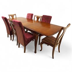 Willis & Gambier - mahogany extending dining table, rectangular top with rounded corners on cabriole legs, with two 35cm extension leaves, four Willis & Gambier upholstered high back chairs and four mahogany chairs, upholstered in a stripped multi-coloured velvet fabric, with scroll-shaped top rail, lyre-shaped back splat on cabriole legs, chairs W46xD91x97cm (11) 
