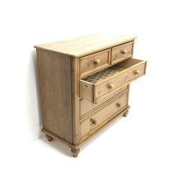Polished pine chest, two short and three long drawers, turned supports