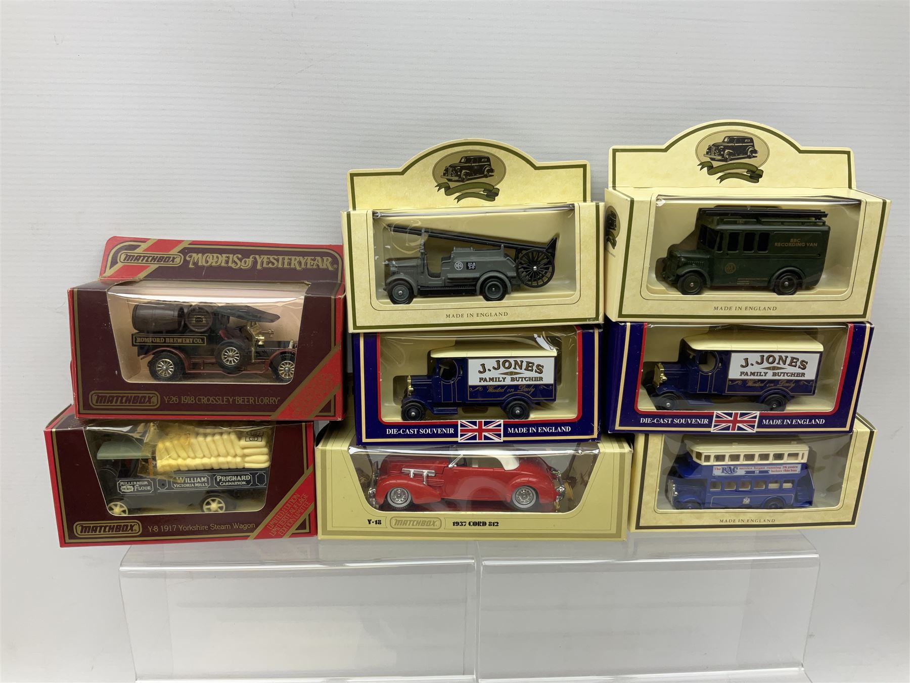 Various makers - forty-five modern die-cast models by Matchbox MOY, Days Gone, Lledo, Corgi etc including single models and sets, 1977 Silver Jubilee State Landau, commercial and promotional vehicles, passenger coach and horses, RAF etc; all boxed (45)