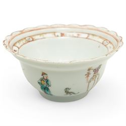 Set of Chinese 20th century tea wares, comprising three bowls of graduating sizes, teacup, spoon rest and small plate, decorated with scenes of figures around a table, each with scalloped rim, largest bowl D12cm