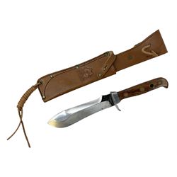 German Auto Puma camp knife, the 15cm steel blade marked model 6390, serial No.77473 to guard, fixed blade, hardwood scales; in original hard plastic case; with brown leather sheath L29cm overall