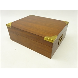  Mahogany and brass bound cigar humidor, with internal dial with two cigar holders, pipe cleaners and cigar cutter, L28.5cm x H11cm x D22cm   
