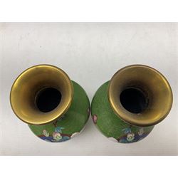 Cloisonné plate decorated with birds and flowers, together with a pair of Cloisonné vases of baluster form 