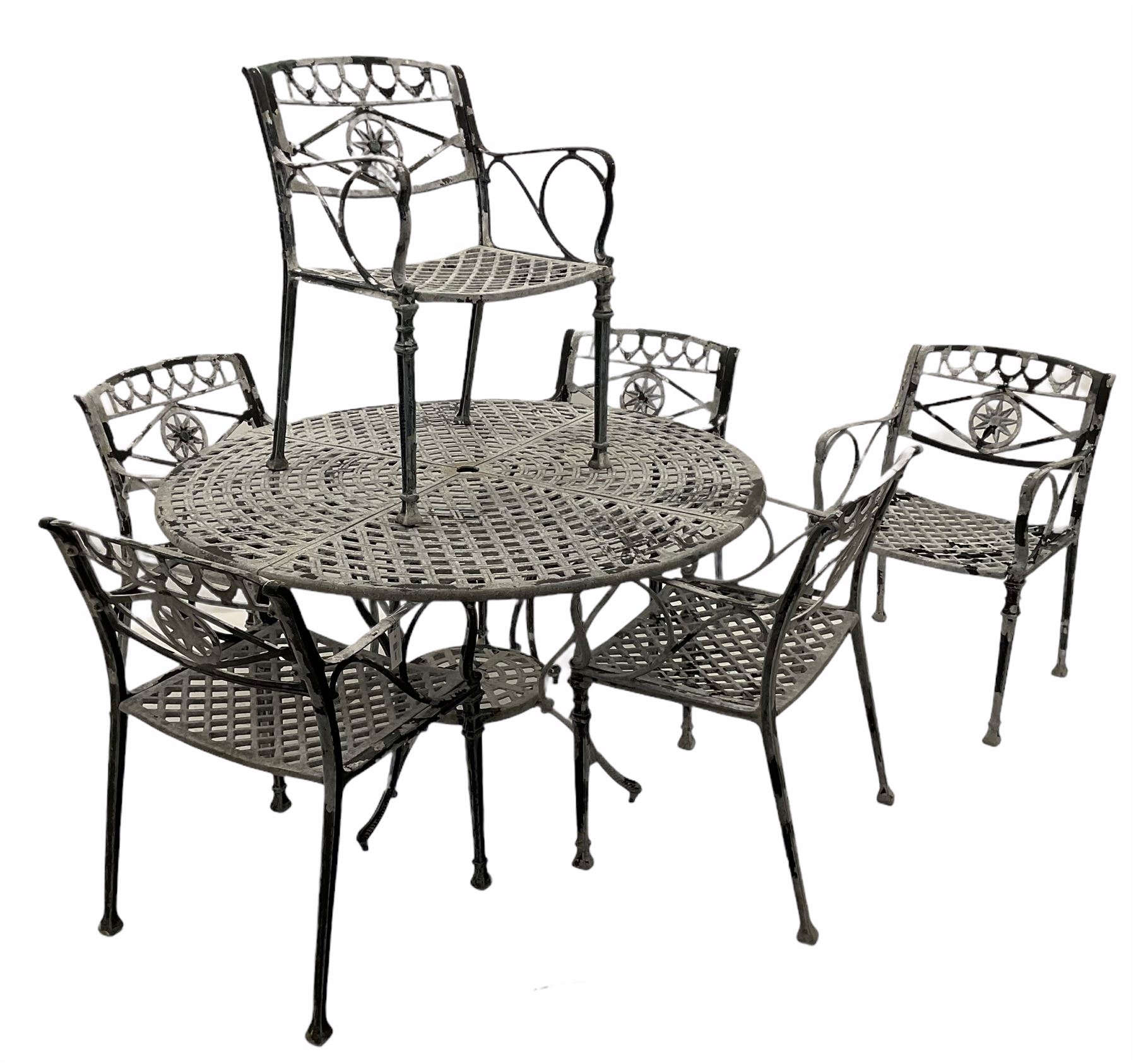 Heavy Aluminium circular garden table, and six wide seat chairs with