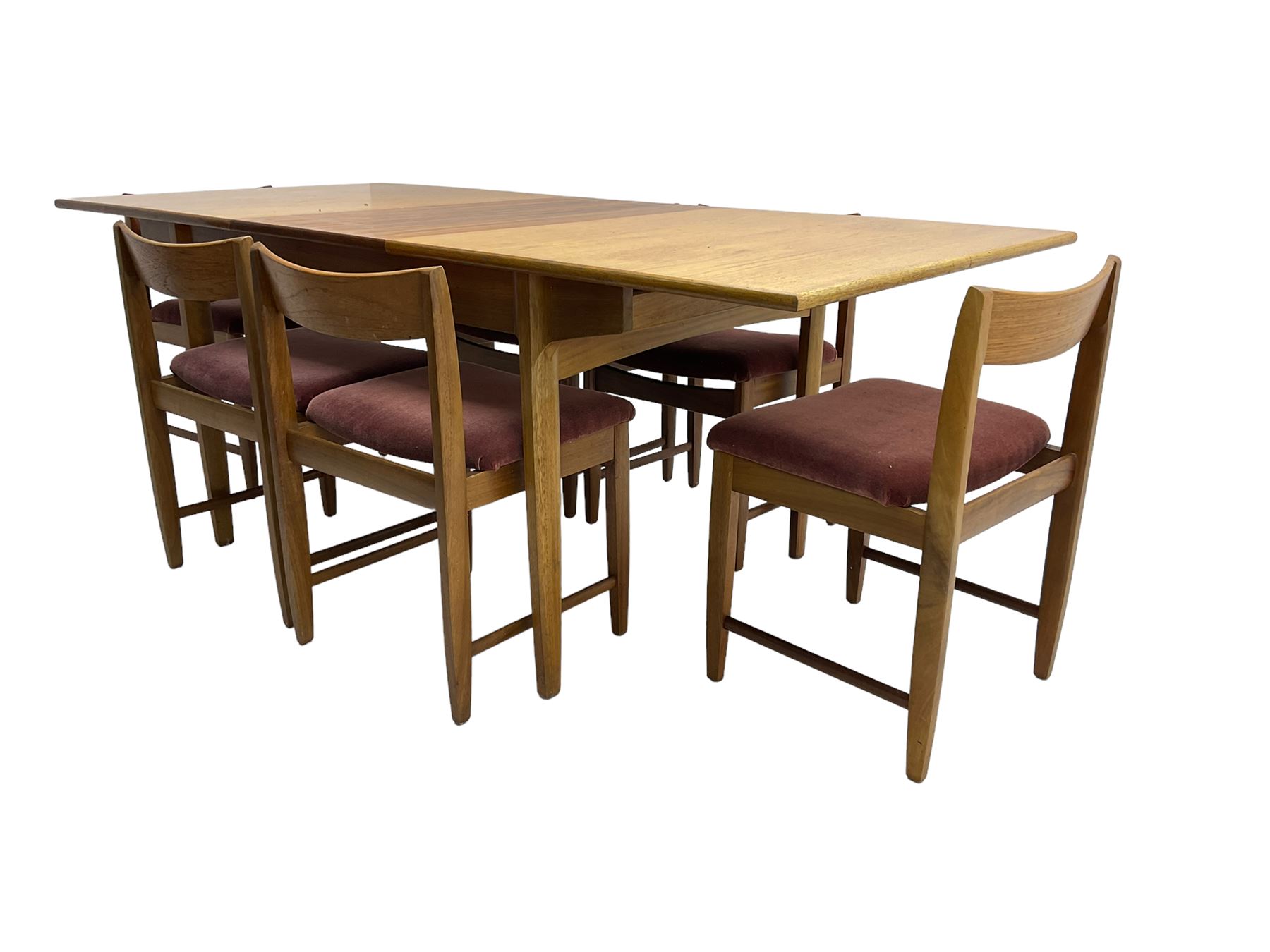 Bath Cabinet Makers BCM - mid-20th century teak extending dining table with butterfly action leaf, on shaped tapering supports (198cm x 92cm x 94cm), BCM - set six teak dining chairs with bar back and upholstered seats (48cm x 45xm x 73cm)