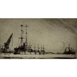 Frank Henry Mason (Staithes Group 1875-1965): 'My Flotilla' Leith 1916, dry point etching signed in pencil, original artist's title in pencil on the mount 10cm x 16cm (unframed)
Provenance: from the estate of Christine Dexter and by descent from the artist's sister Eleanor Marie (Nellie)