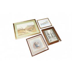 Collection of framed artworks (4), including Richard Redfern (British  1873-1913): Grazing stags in a mountainous landscape, watercolour 