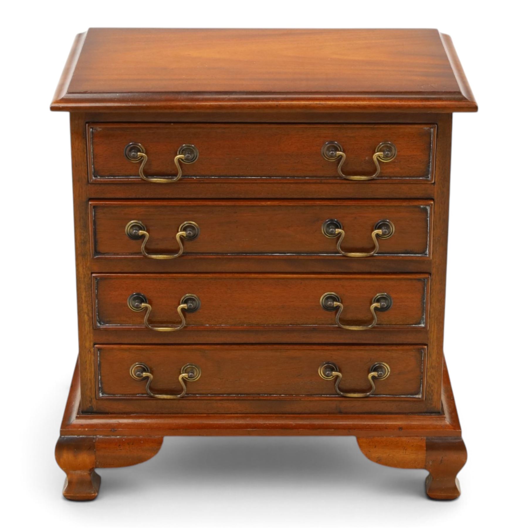 Georgian design mahogany dwarf chest, fitted with four long cock-beaded drawers, on ogee bracket feet