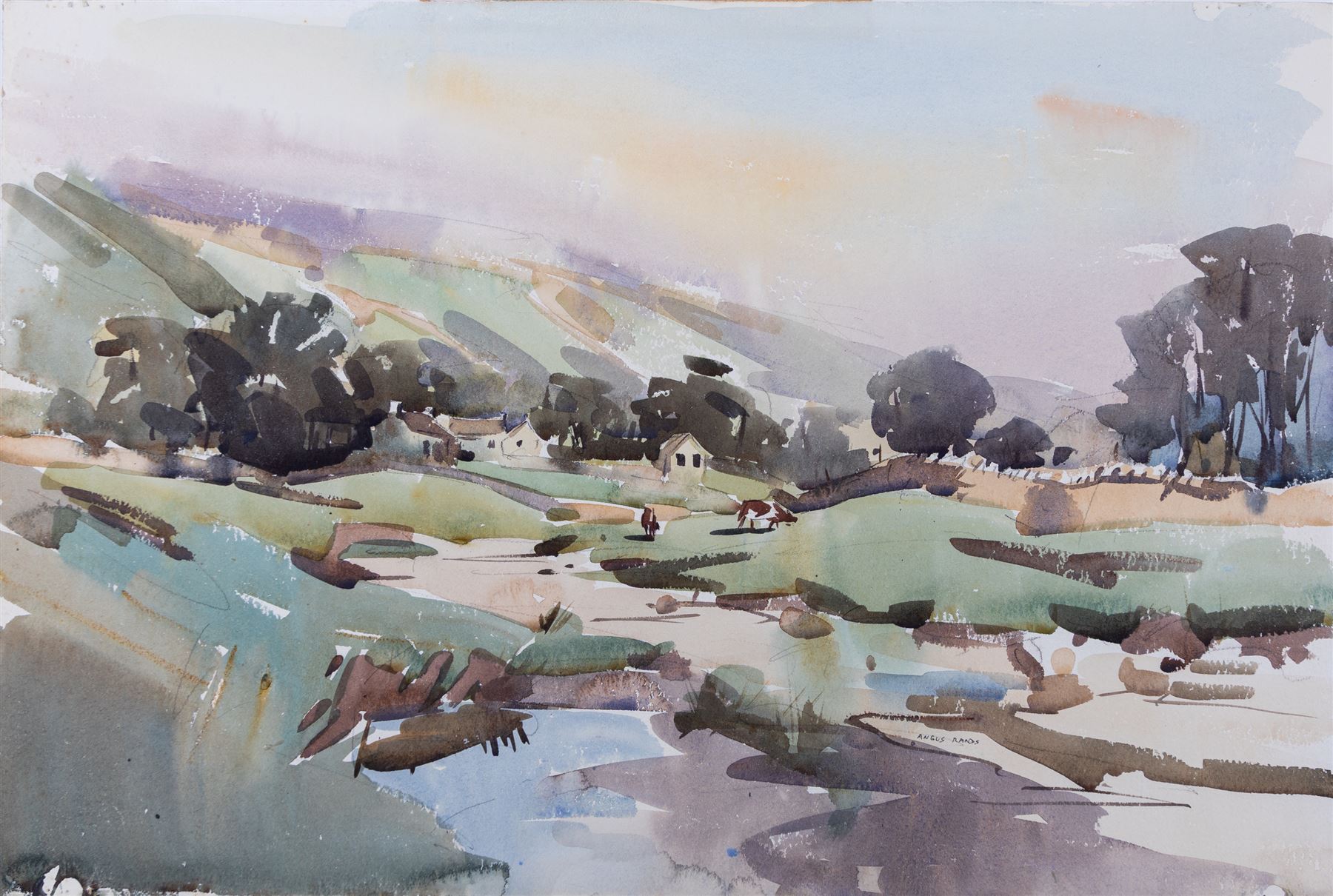 Angus Bernard Rands (British 1922-1985): Robin Hood's Bay and Country Scenes, three watercolours (one unframed painted recto and verso) signed, 34cm x 50cm
