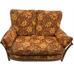 Ercol Renaissance elm two seat sofa, loose cushions in terracotta fabric