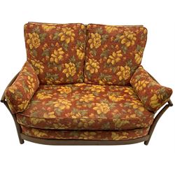 Ercol Renaissance elm two seat sofa, loose cushions in terracotta fabric