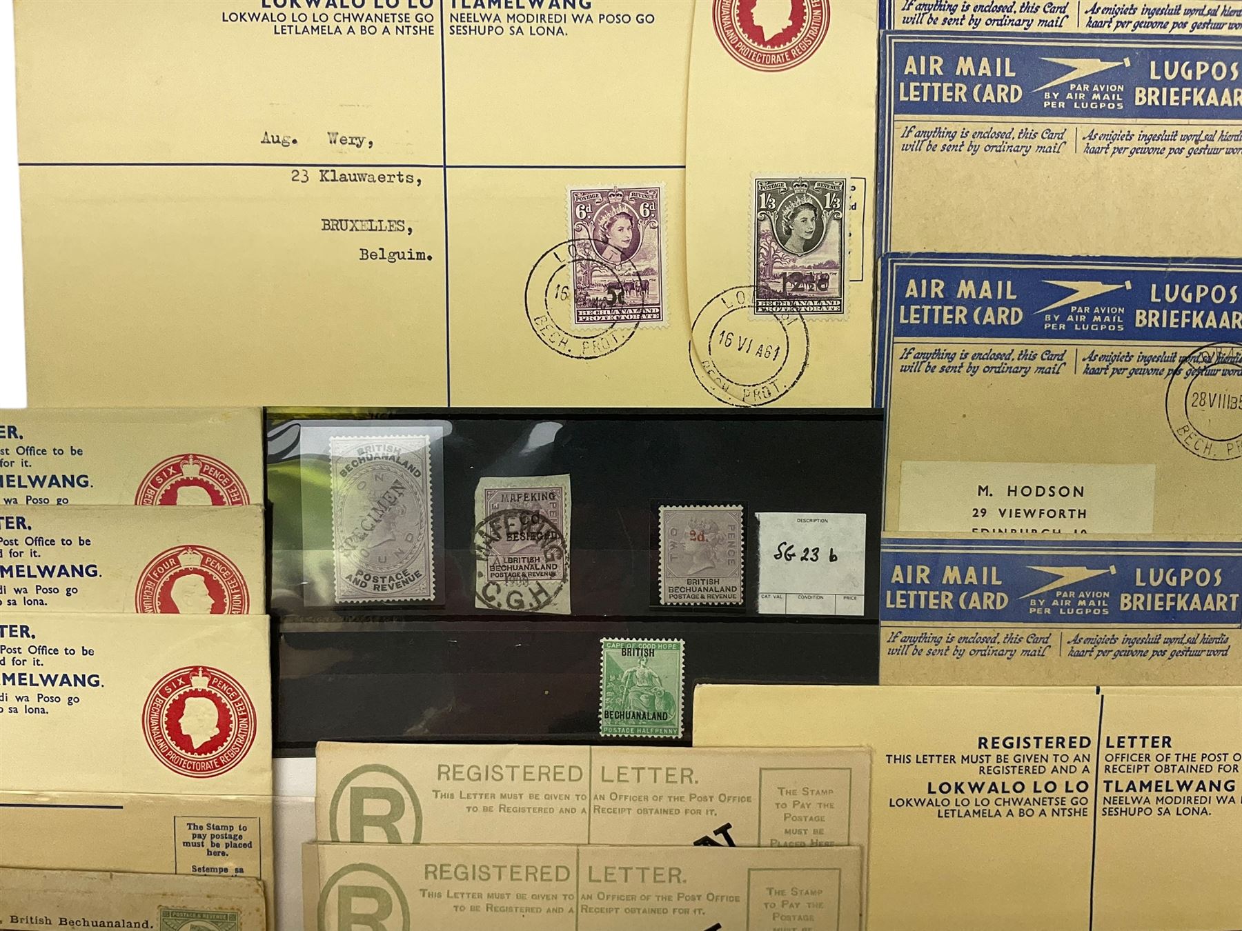 Mostly Bechuanaland Queen Victoria and later stamps, including wrapper from Mafeking to Germany with Bechuanaland two pence, King George V Bechuanaland Protectorate overprints on seahorses with half crown and five shillings values, various items of postal stationary, Airmail letters etc
