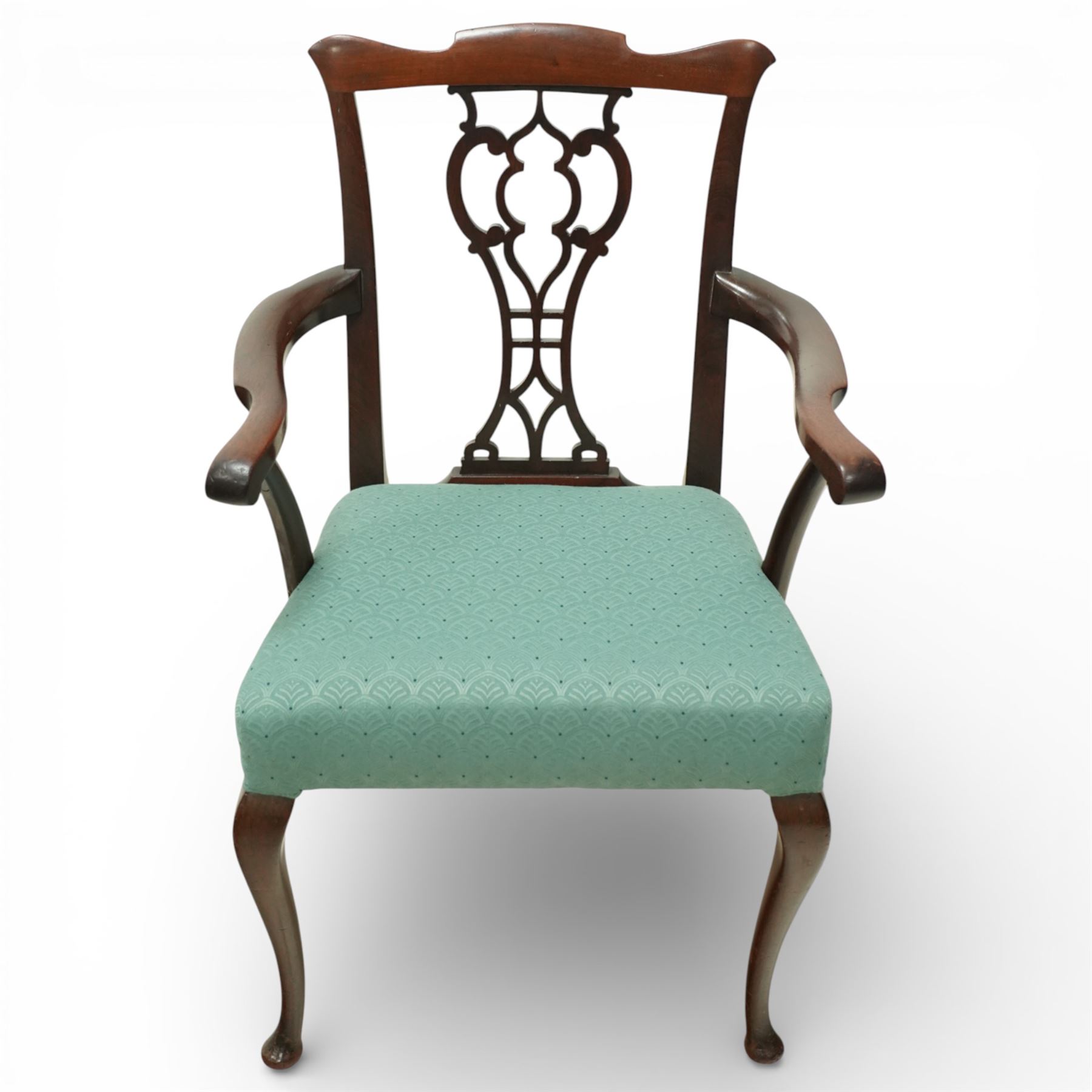 Georgian design mahogany elbow chair, the shaped top rail over a pierced vase shaped splat, swept open arms on square supports, upholstered drop-in seat, raised on cabriole legs terminating in pad feet