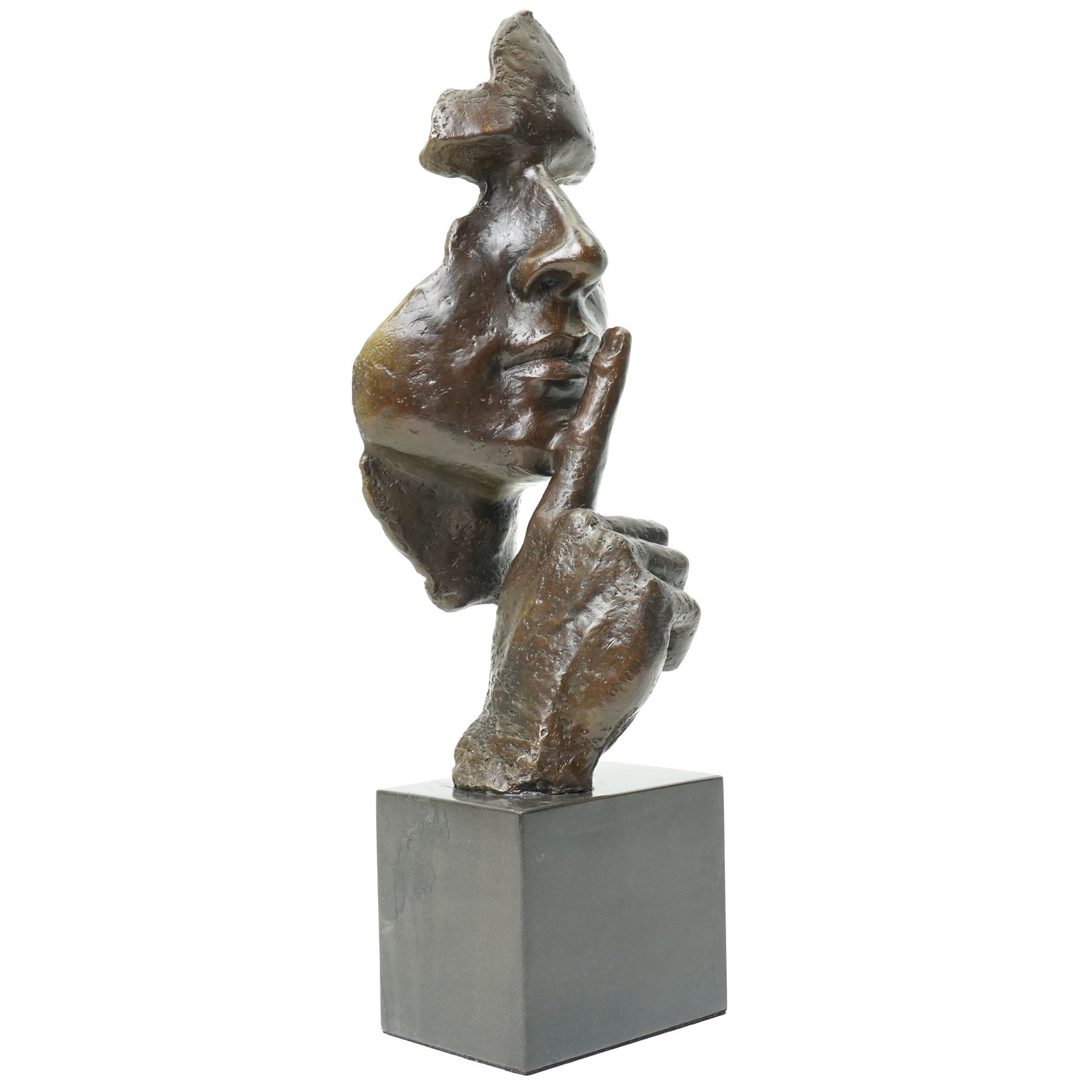 After Salvador Dali (Spanish 1904-1989) 'Serenity'- bronze figure with finger held to mouth, on black marble plinth H47cm