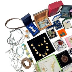 9ct gold stud, silver earrings and a collection of beaded necklaces, bracelets and other costume jewellery, Augarten Wien horse, etc