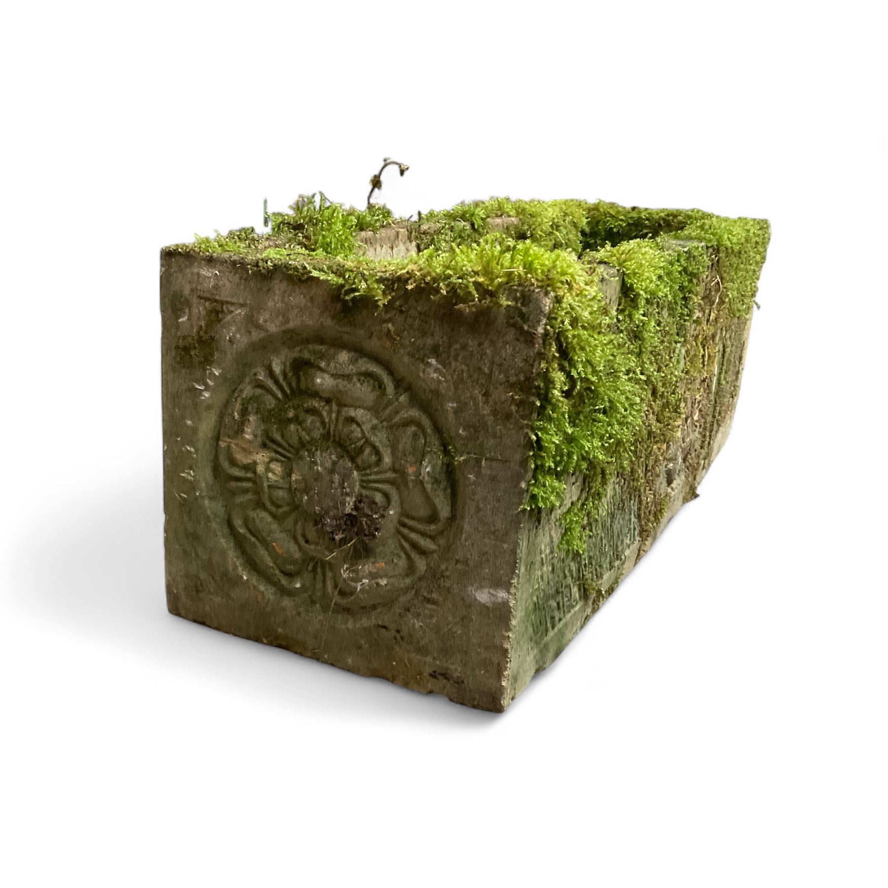 Pair of Yorkshire Rose weathered cast stone trough planters