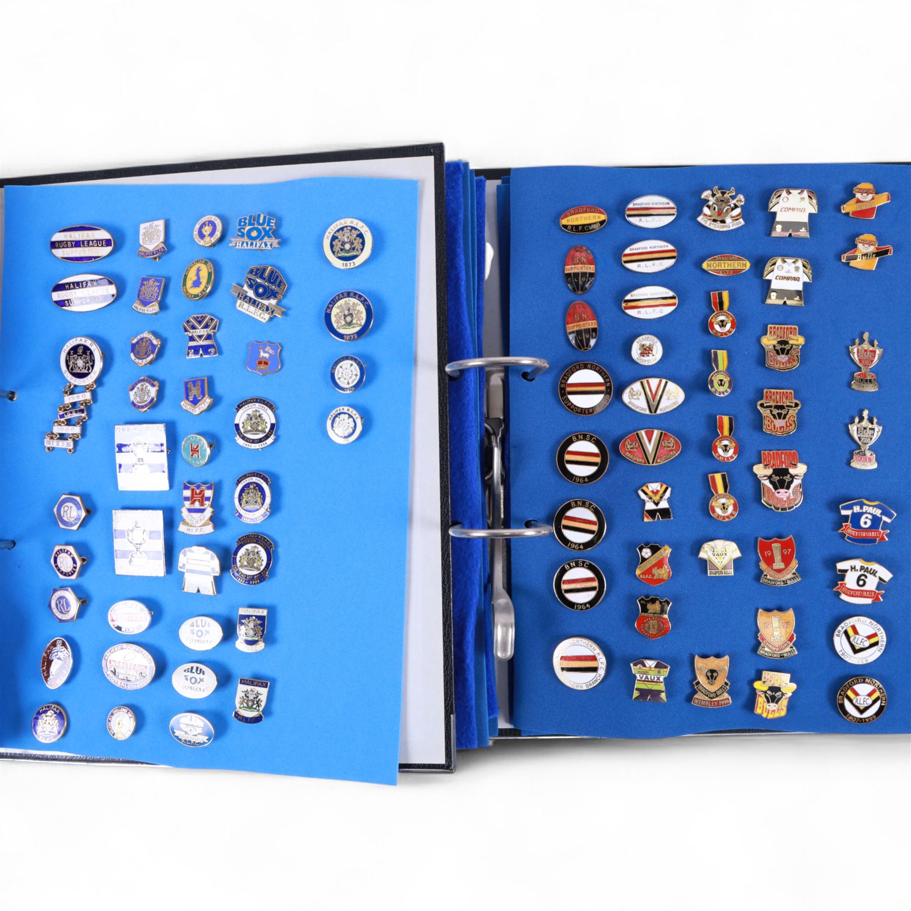 Rugby league enamel badge collection, from Barrow Raiders, Batley, Blackpool Panthers, Bradford Northern, Bradford Bulls, Bramley, Castleford, Catalan Dragons, Celtic Crusaders, Dewsbury Rams, Doncaster, Featherstone Rovers and Halifax, housed in two folders, (approximately 280)