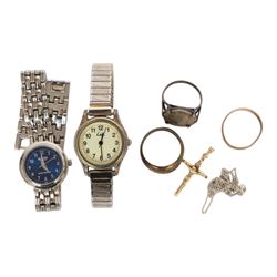 9ct gold cross and wedding band, together with a silver ring, gilt ring and two wristwatches