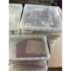 Collection of fabric, together with other sewing equipment, all housed in Really Useful Boxes