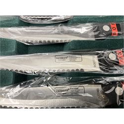 Bachmayr Soligen boxed set of six steak knives and fork, together with Offenbach chef quality knives, chopper, forks, scissors and knives sharpeners, in fitted cases