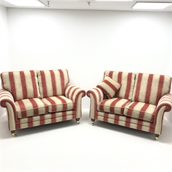 Pair Alstons two seat sofas upholstered in red and beige Henna stripped fabric, W150cm