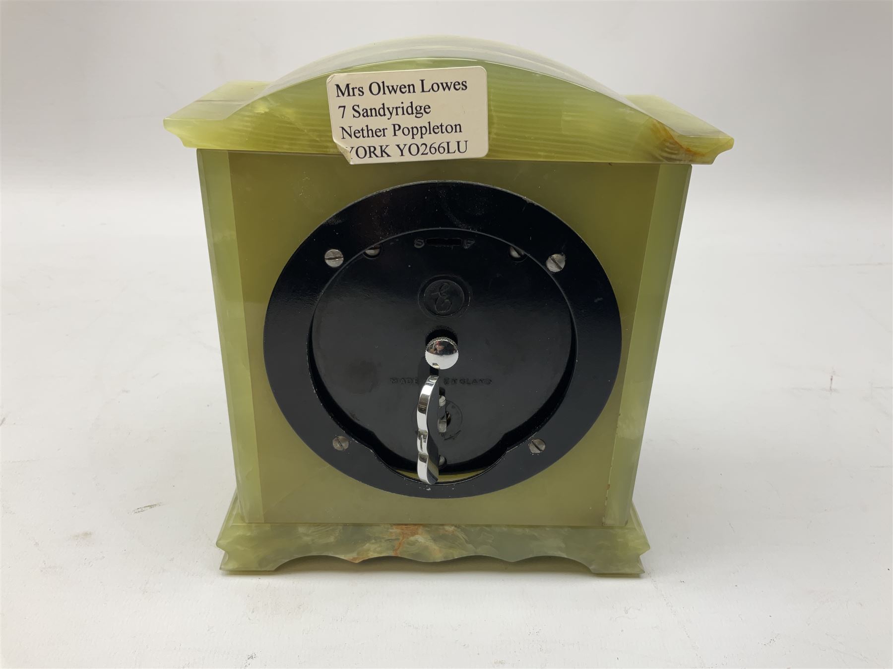 Elliott London green marble mantel clock, the gilt dial with silvered chapter ring, H16cm, together with a glass dish